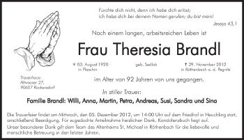 Traueranzeige von Theresia Brandl von Pegnitz-Zeitung